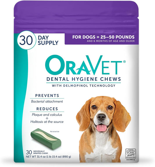 ORAVET Dental Chews for Dogs, Oral Care and Hygiene Chews (Medium Dogs, 25-50 lbs.) Purple Pouch, 30 Count （2 packs）