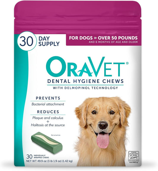 ORAVET Dental Chews for Dogs, Oral Care and Hygiene Chews (Large Dogs, Over 50 lbs.) Pink Pouch, 30 Count (2 packs)