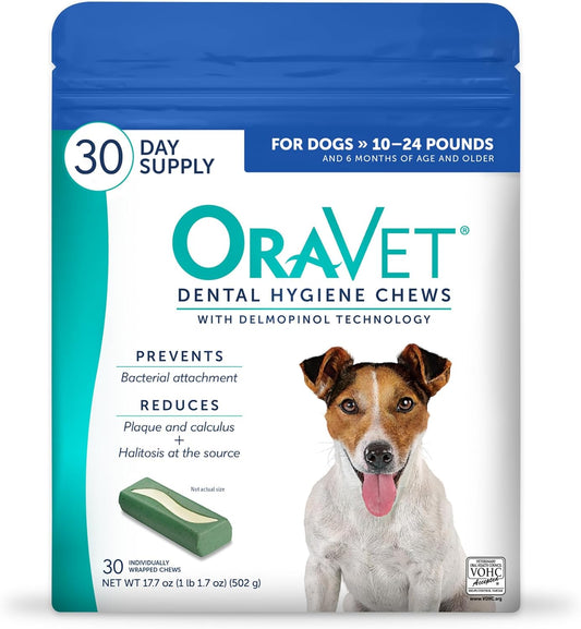 ORAVET Dental Chews for Dogs, Oral Care and Hygiene Chews (Small Dogs, 10-24 lbs.) Blue Pouch, 30 Count (2 packs)